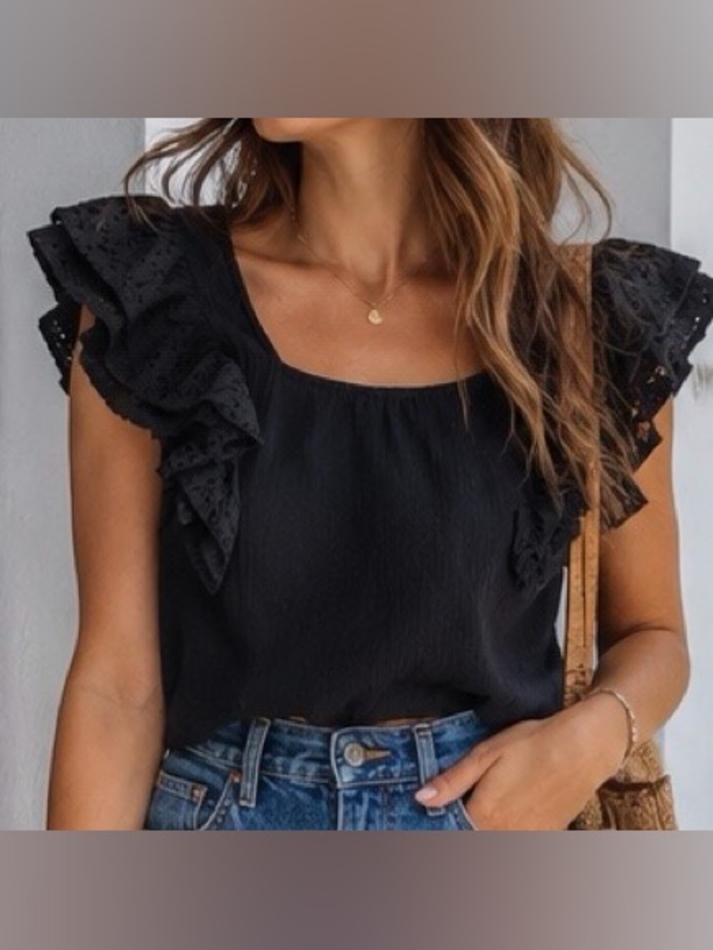The Odell’s Women's Black Eyelet Ruffle Tank Top vintage 70s style NWOT